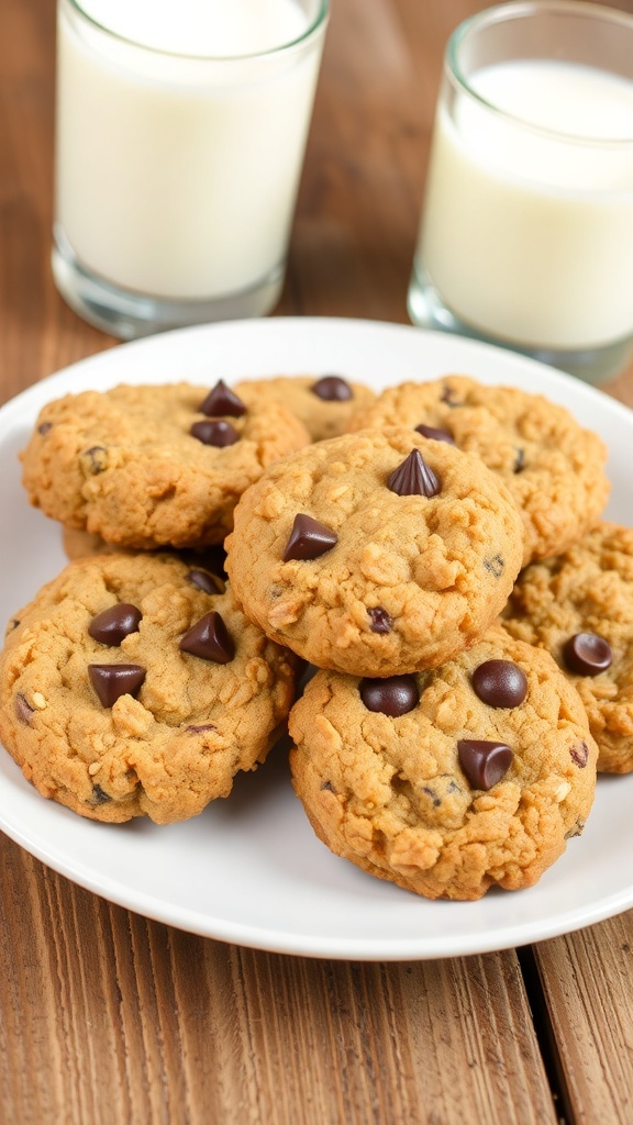 Simple Oatmeal Cookies Recipe A plate of homemade oatmeal cookies with chocolate chips, served with a glass of milk on a wooden table.